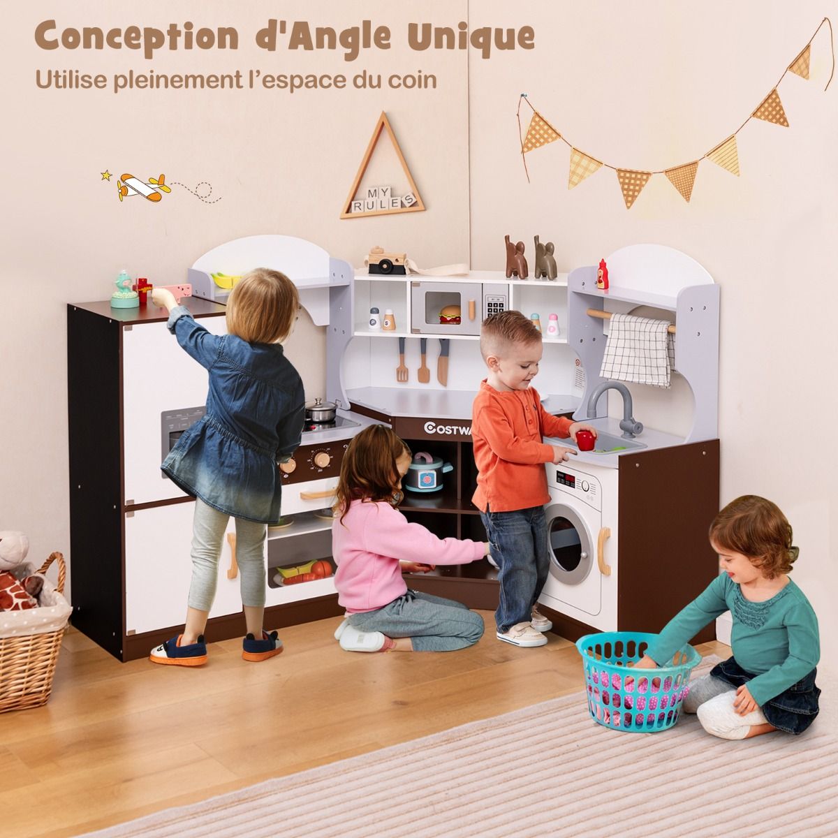 Jeu de Cuisine d'Angle pour Enfants de 3 Ans et Plus en Bois Machine Glaons Porte-serviettes Accessoires Effets Sonores et Lumineux -