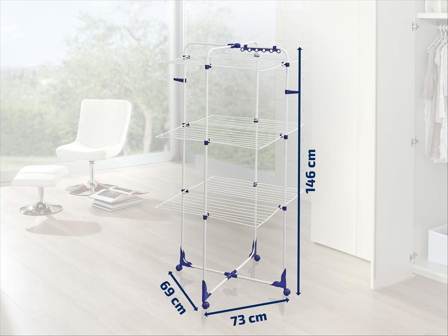 Leifheit Tour de séchage Classic Tower 340, étendoir à linge pliable à 3 niveaux, séchoir à linge tour 34 m avec cadres rabattables & roulettes 360°