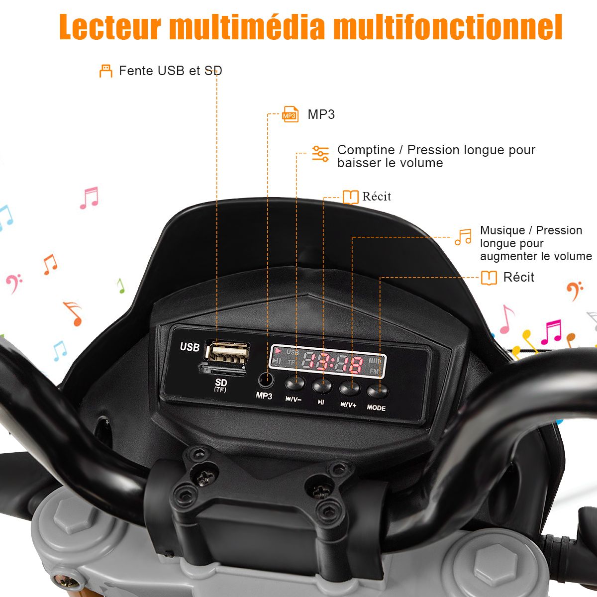 Moto Electrique pour Enfants 12V avec Lumires LED Musique MP3 Roues Antidrapantes pour Garons et Filles 37 95 mois -