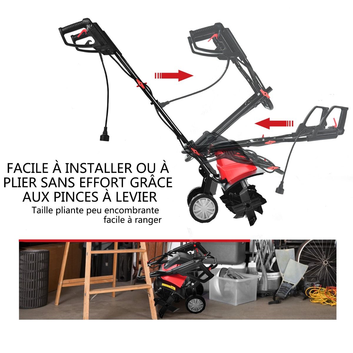 Motobineuse Motoculteur Électrique 1500W Profondeur Travail 22CM Largeur 43CM avec Poignée Pliable Roues Réglables 6 Lames -