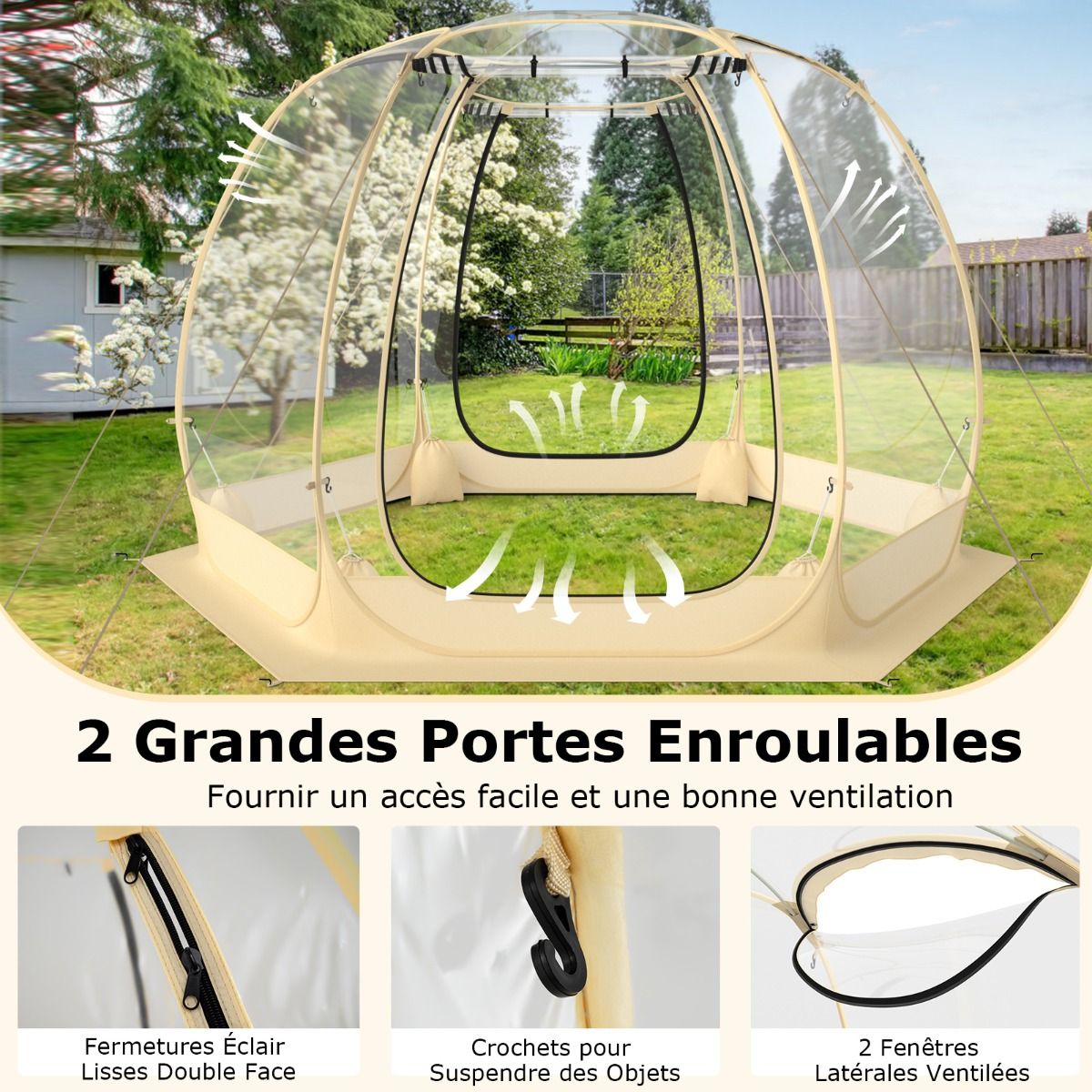Tente Bulle Ouverture Instantane pour 6 10 Personnes Tente D么me d'Extrieur 328 x 328 cm Rsistante Aux Intempries Transparent -