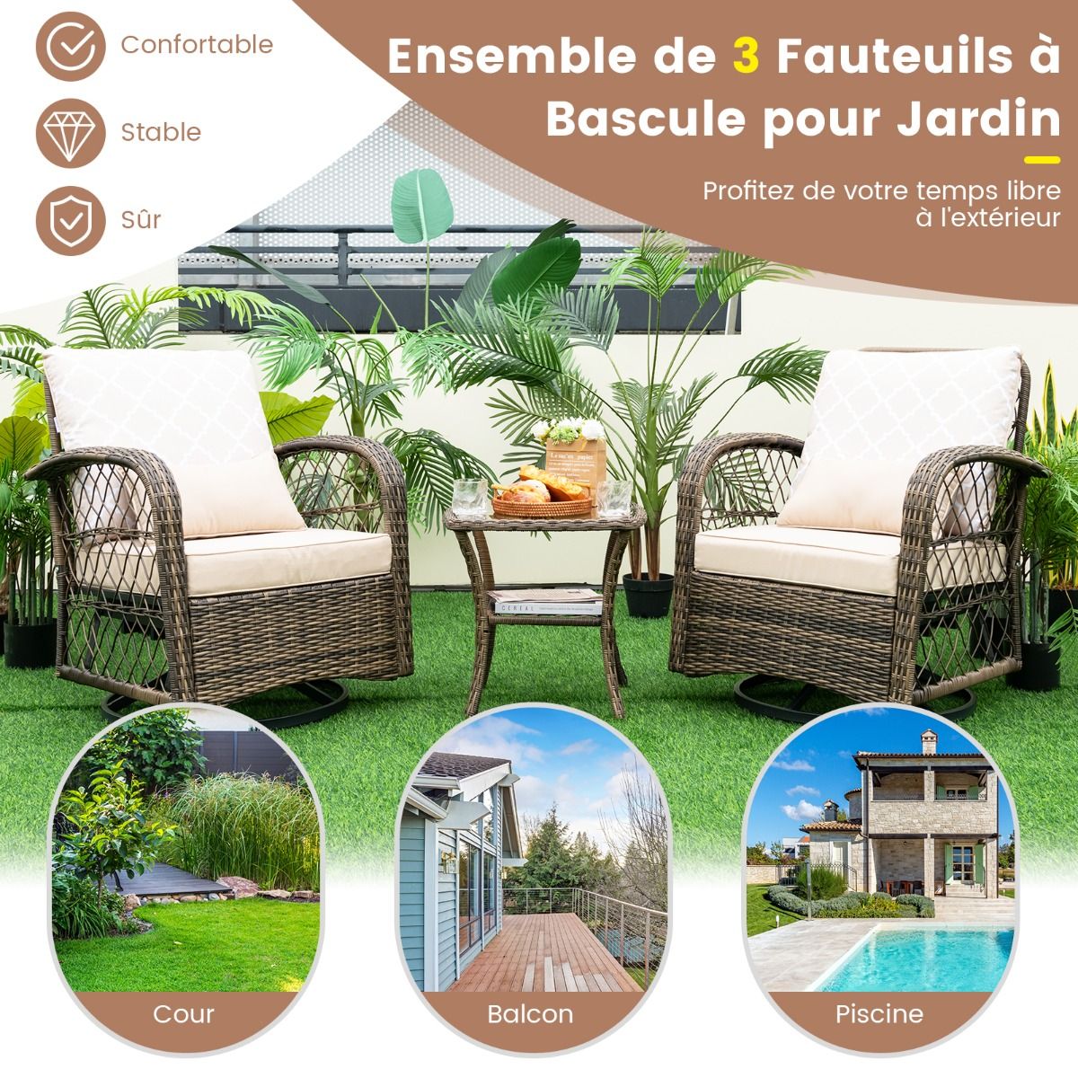 Salon de Jardin Extrieur 3PCS - 2 en Fauteuils Bascule Pivotant 360掳Rotin PE Cadre Mtal our Terrasse Balcon -
