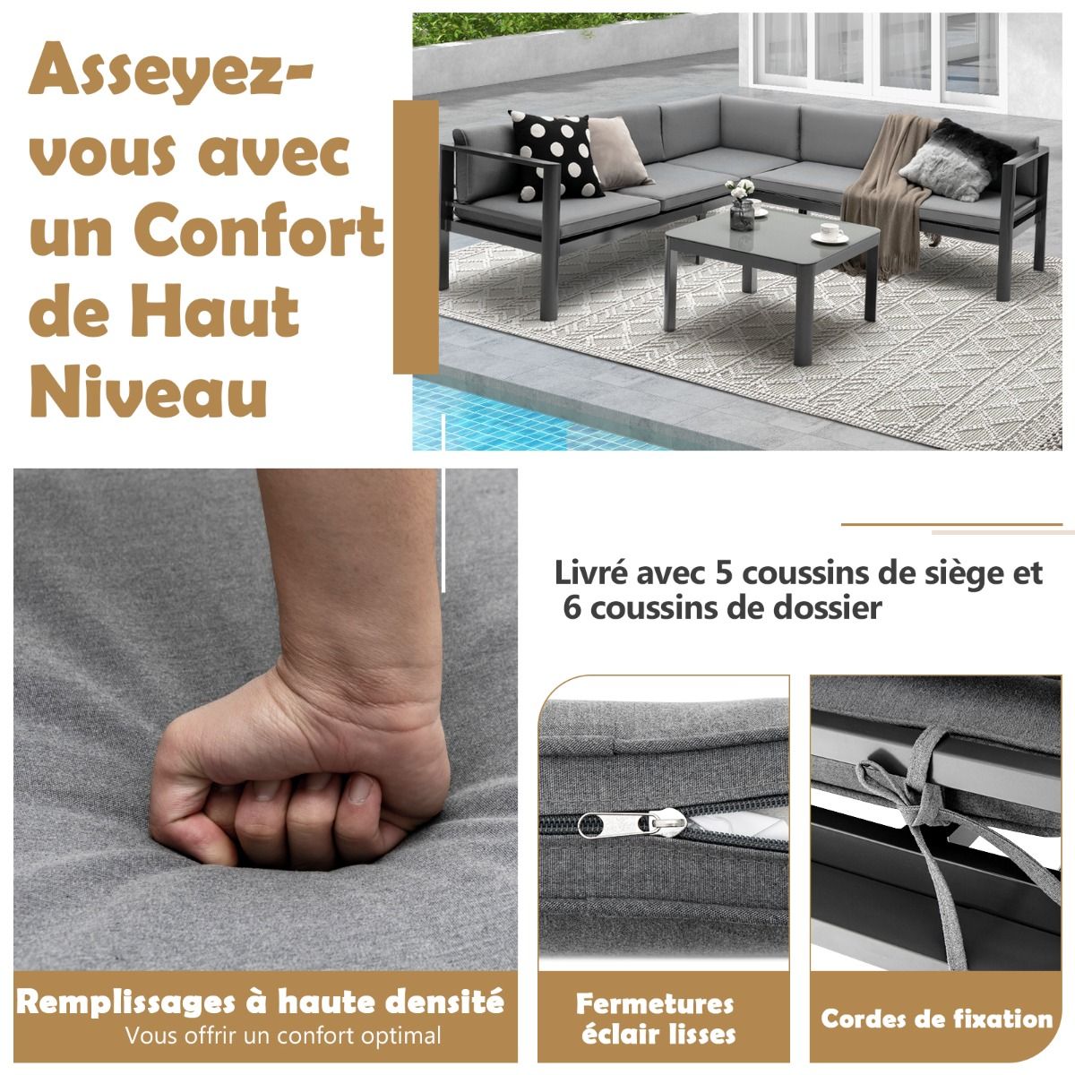 Salon de Jardin Extrieur avec Table Basse en Verre Tremp Canapavec Dossier Inclinable 6 Niveaux Coussins Inclus Gris -