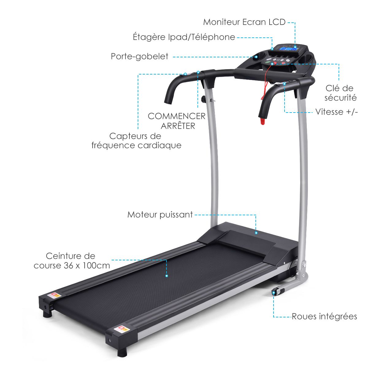 Tapis de Course lectrique Pliable avec cran et Moniteur de Frquence Cardiaque avec Vitesse de 1 10 km/h et 12 Programmes Noir -