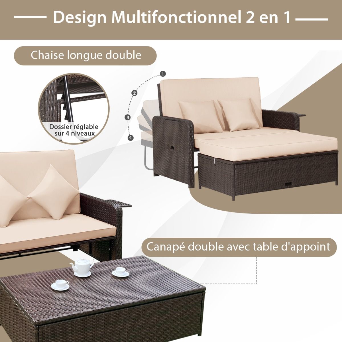 Salon de Jardin Extrieur Ajustable Lit,2 Place avec Stockage Cach,Dossier Rglable 4 Niveaux en Rotin PE -