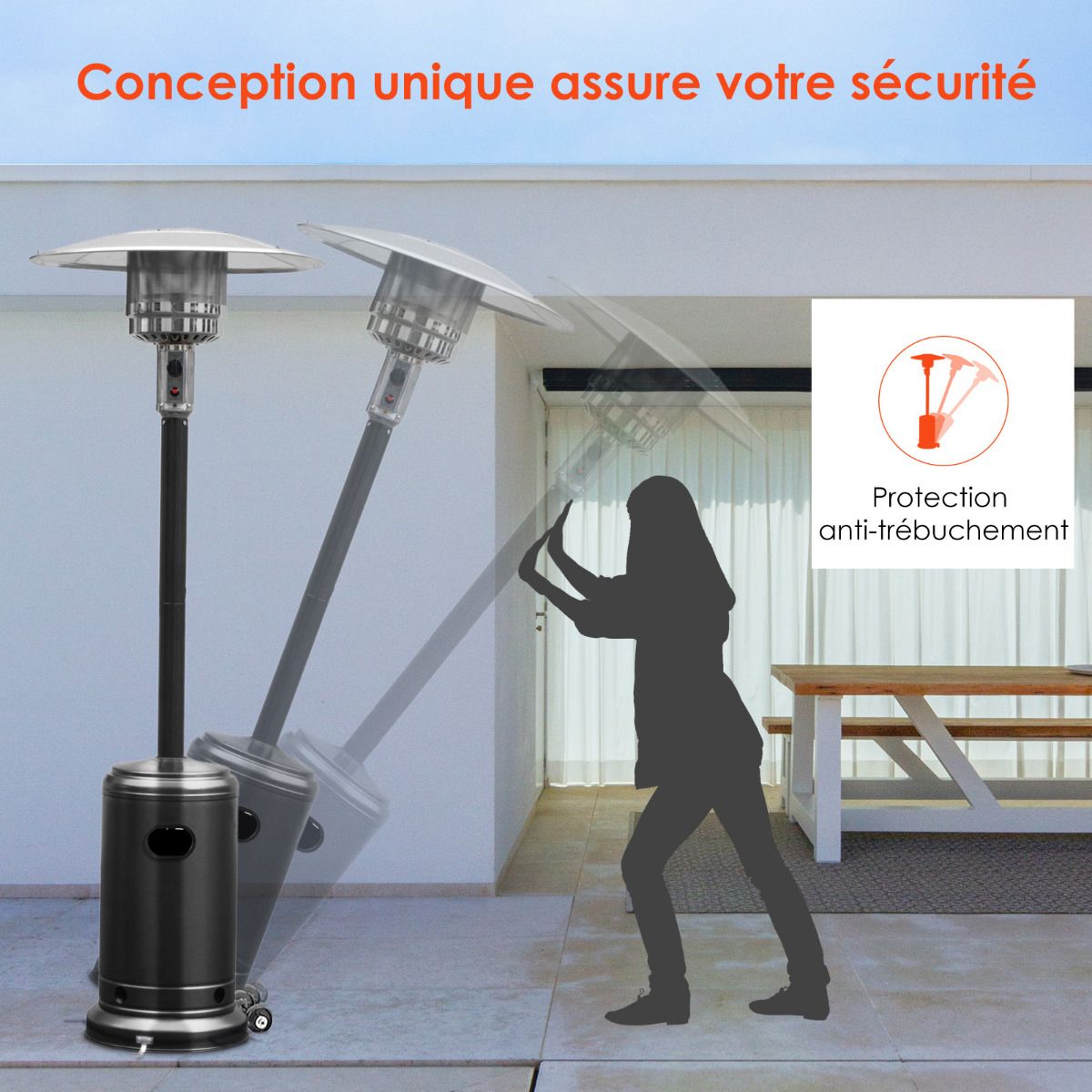 Parasol Chauffage Extrieur Gaz 13KW Rflecteur 82cm avec Dispositif de Anti-basculement Tube 2 Roues Fluide 220cm Noir -