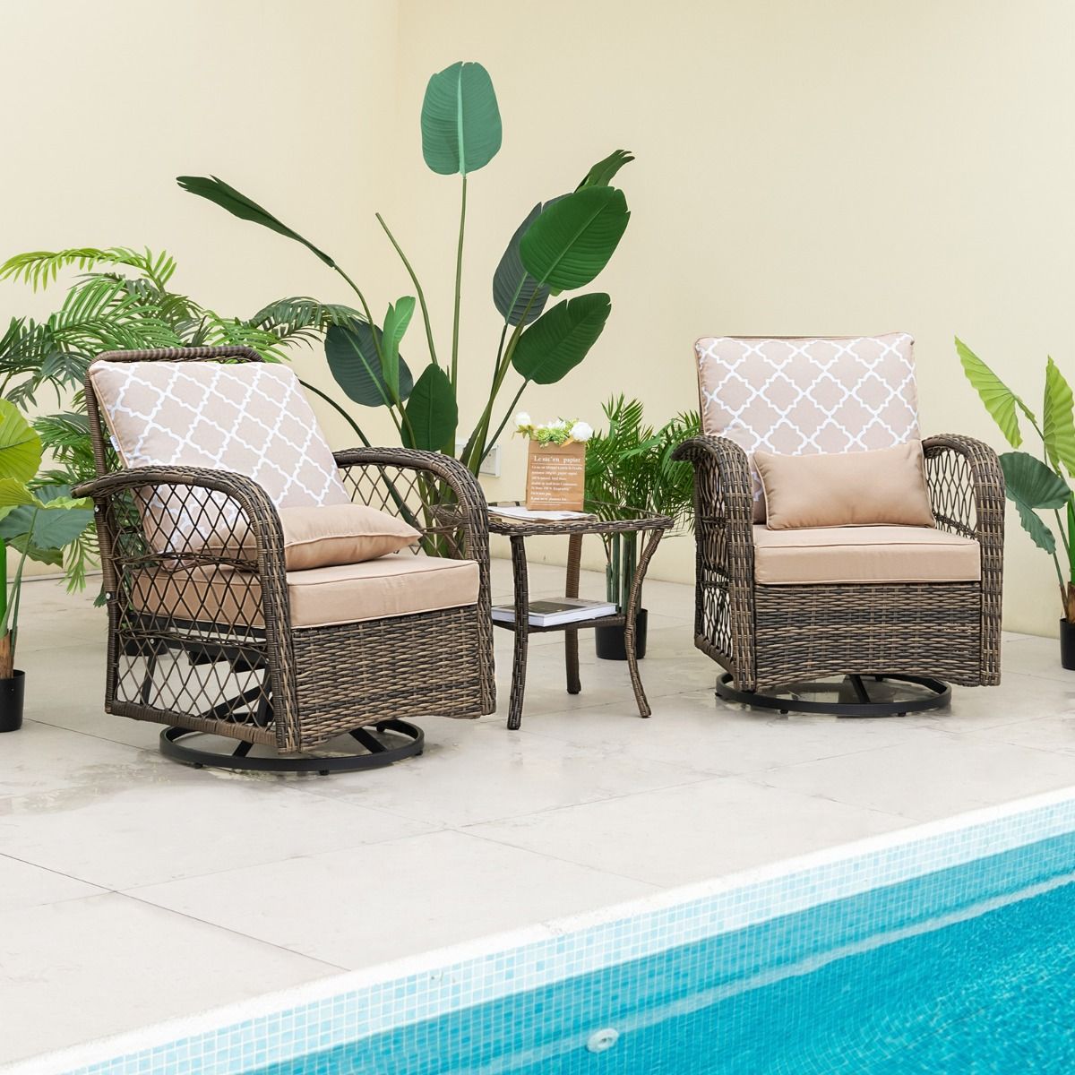 Salon de Jardin Extrieur 3PCS - 2 en Fauteuils Bascule Pivotant 360掳Rotin PE Cadre Mtal our Terrasse Balcon -