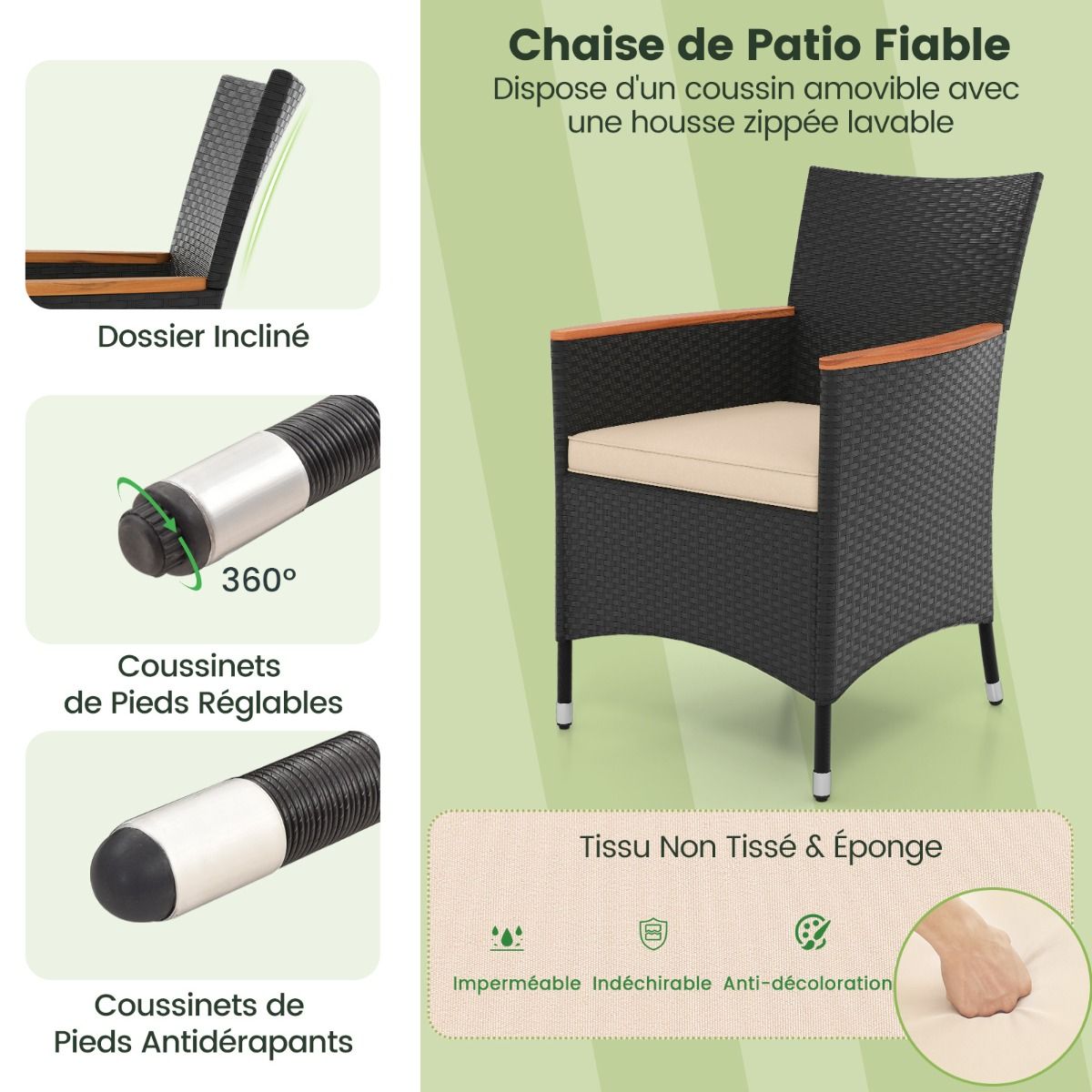 Salon de Jardin en Rotin 9 Pices Plateau de Table en Acacia Ensemble de Salle Manger avec Coussins Amovibles Trou Charge 180KG Beige+Noir -