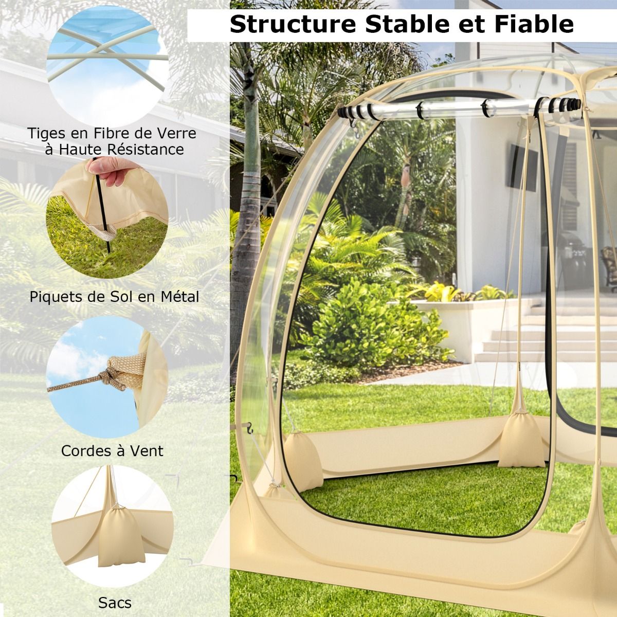 Tente Bulle Ouverture Instantane pour 6 10 Personnes Tente D么me d'Extrieur 328 x 328 cm Rsistante Aux Intempries Transparent -