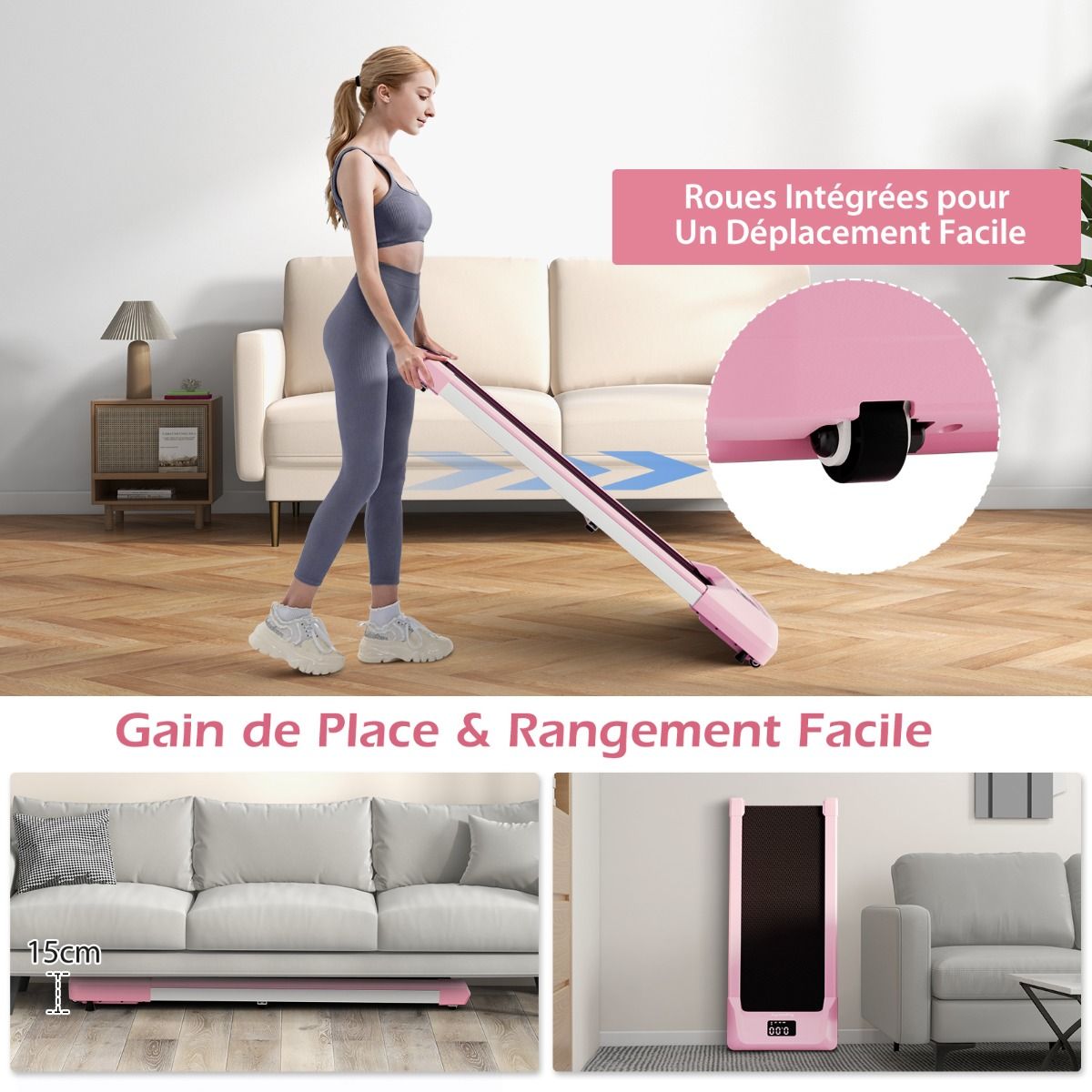 Tapis de Course Mince Tapis de Jogging avec Capacit de 120 Kg Tlcommande et cran Led Inclinable Roulettes Tapis de Course Glisser Gris/Noir/Rose -