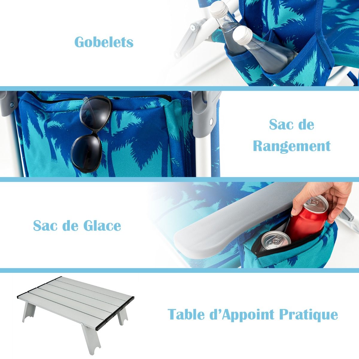 Lot de 2 Chaises de Camping Plage Pliante Table Enroulable en Aluminium Appui-tête Dossier Réglable à 5 Positions 6 Couleurs au Choix -