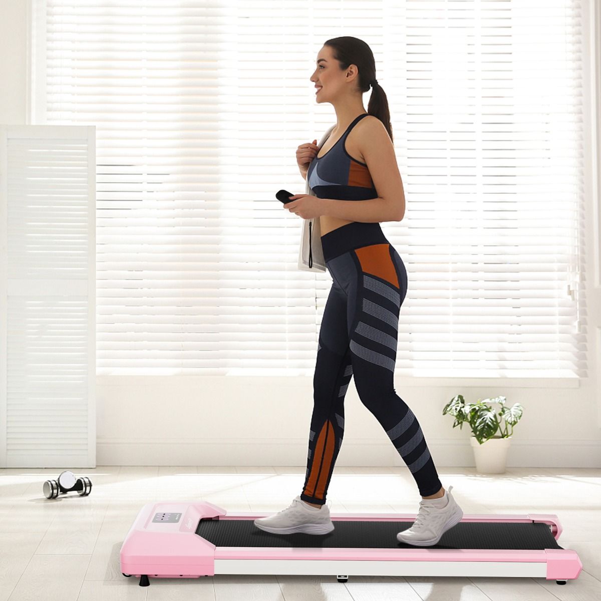 Tapis de Course Mince Tapis de Jogging avec Capacit de 120 Kg Tlcommande et cran Led Inclinable Roulettes Tapis de Course Glisser Gris/Noir/Rose -