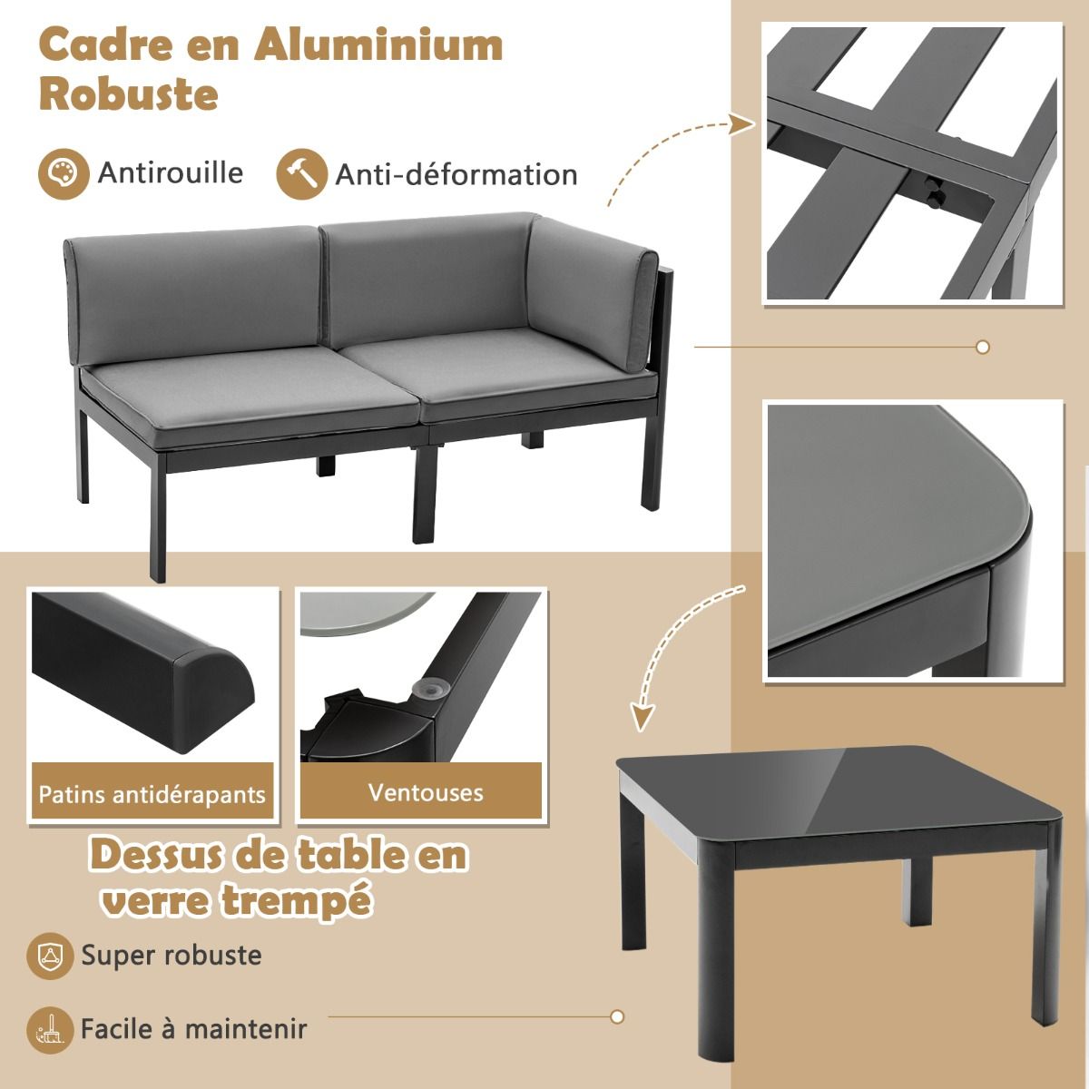 Salon de Jardin Extrieur avec Table Basse en Verre Tremp Canapavec Dossier Inclinable 6 Niveaux Coussins Inclus Gris -