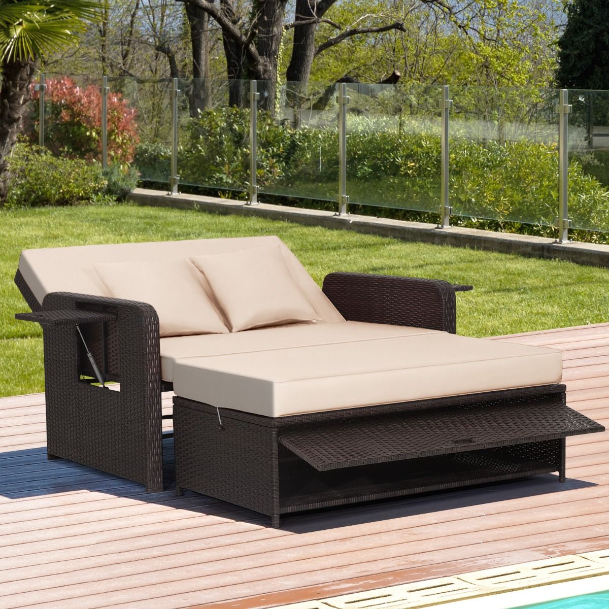 Salon de Jardin Extrieur Ajustable Lit,2 Place avec Stockage Cach,Dossier Rglable 4 Niveaux en Rotin PE -