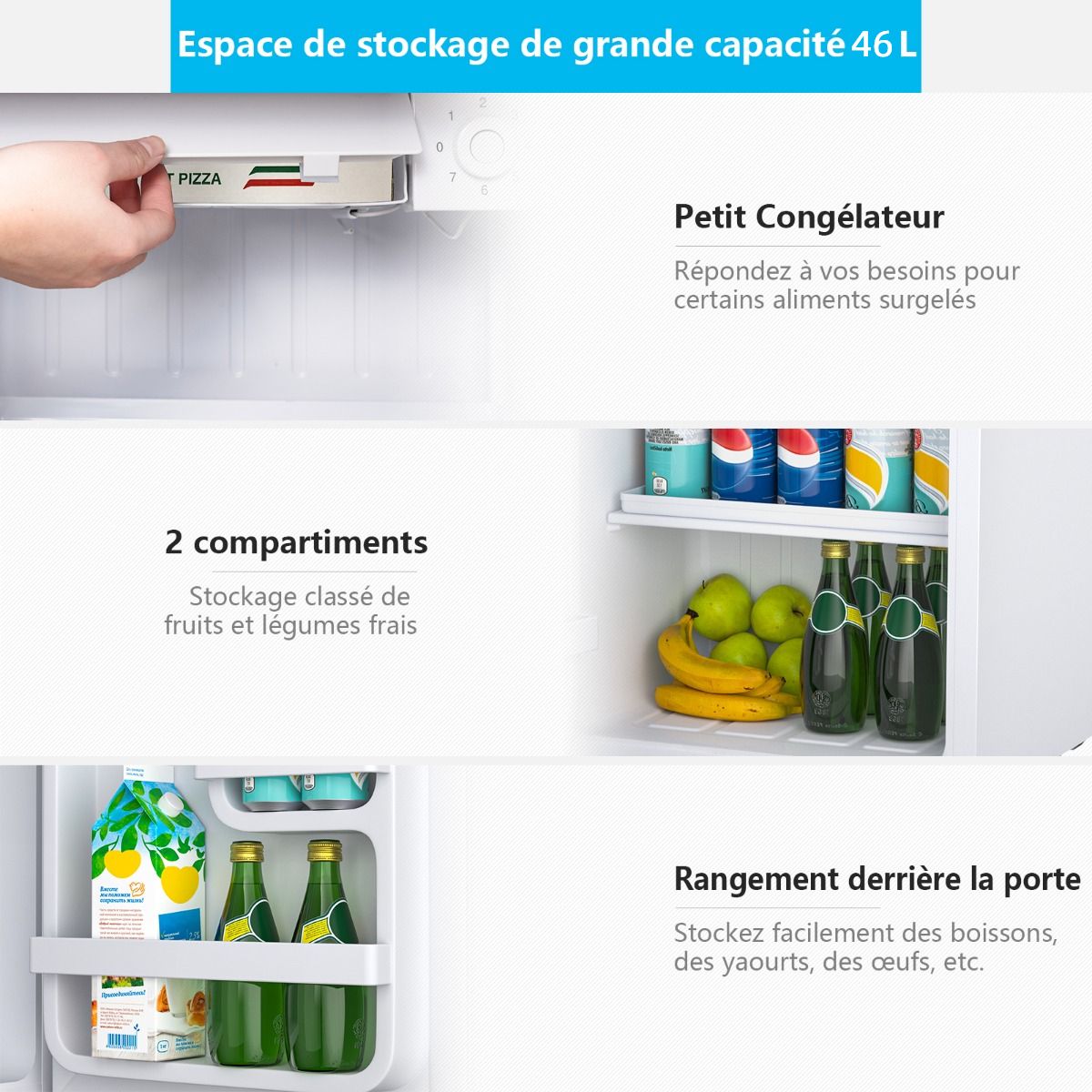 Mini Rfrigrateur 48L,2 niveaux et porte-bouteille,bac lgumes,Silencieux 230V,46 x 44 x 49 cm,Blanc -