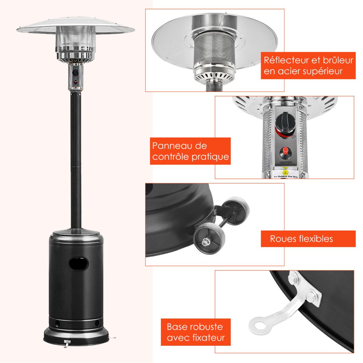 Parasol Chauffage Extrieur Gaz 13KW Rflecteur 82cm avec Dispositif de Anti-basculement Tube 2 Roues Fluide 220cm Noir -