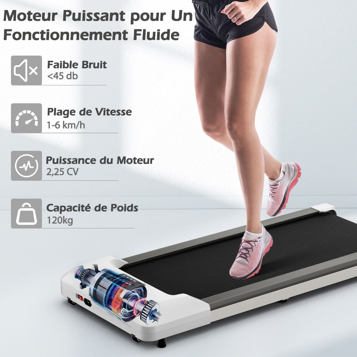 Tapis de Course Mince Tapis de Jogging avec Capacit de 120 Kg Tlcommande et cran Led Inclinable Roulettes Tapis de Course Glisser Gris/Noir/Rose -