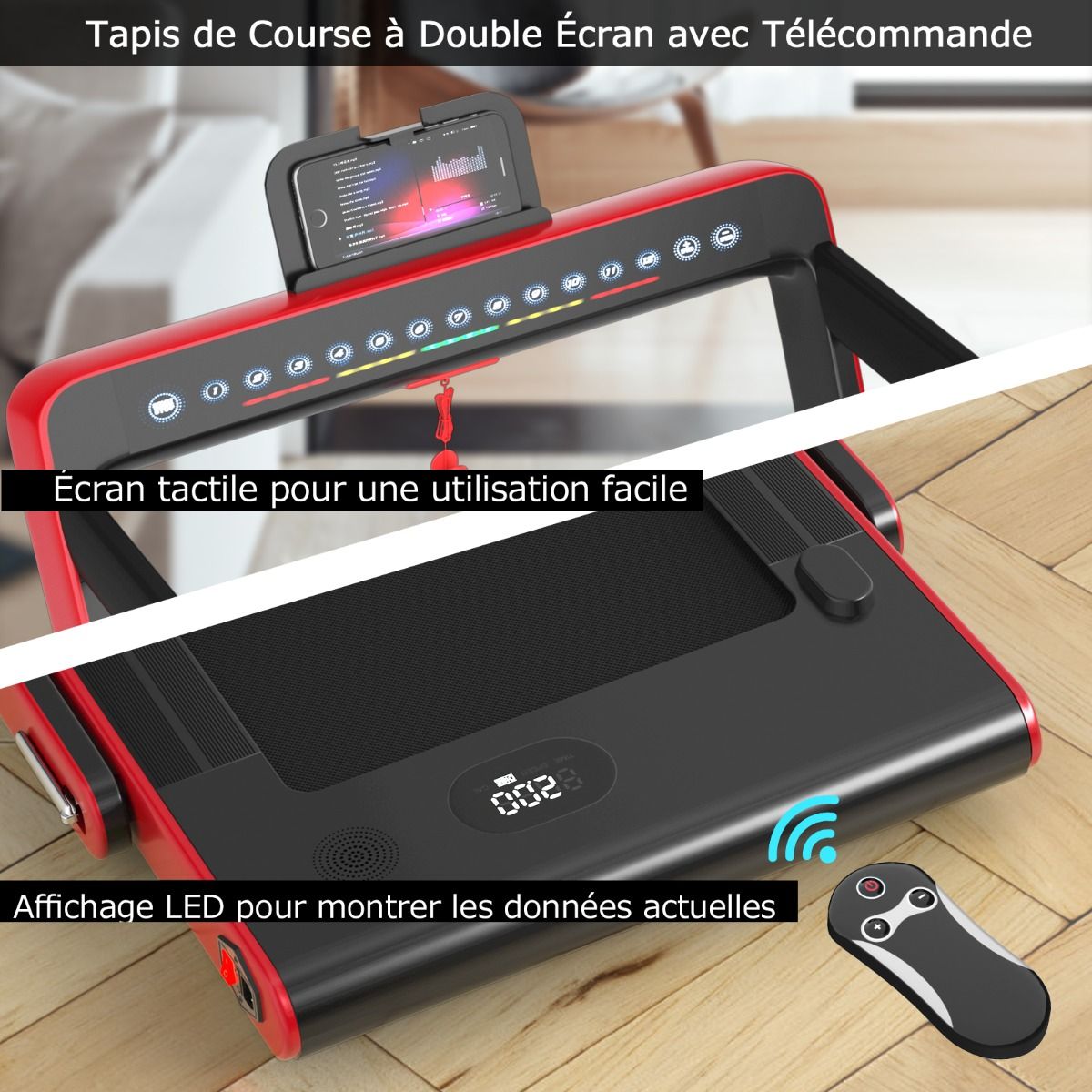 Tapis de Course Pliable 0,75HP Double Affichage LED APP et Tlcommande Vitesse Motoris 12 km/h Surface 40x100cm Rouge -