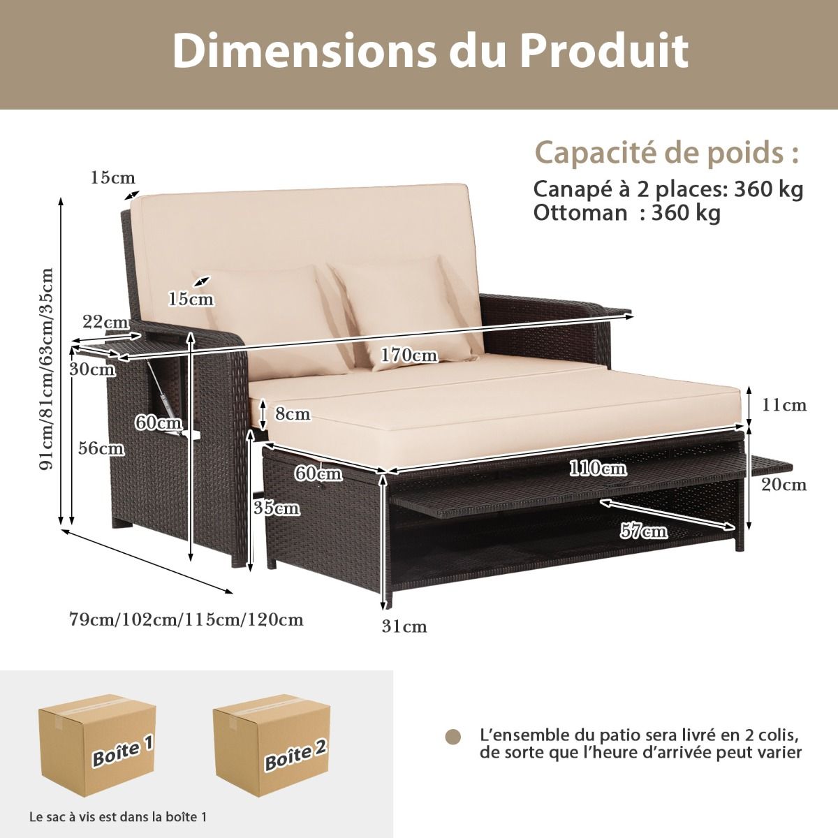 Salon de Jardin Extrieur Ajustable Lit,2 Place avec Stockage Cach,Dossier Rglable 4 Niveaux en Rotin PE -