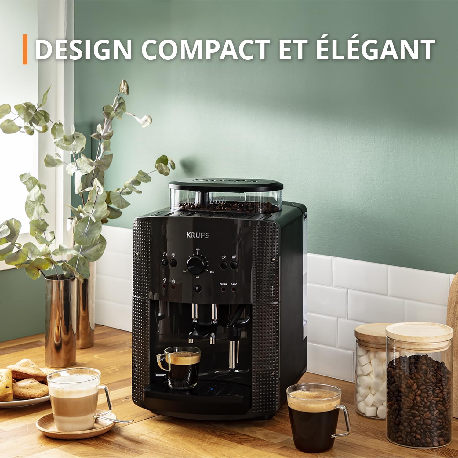 Machine caf grain,1,7 L,2 tasses en simultan,Nettoyage automatique,Buse vapeur pour Cappuccino,Cafetire espresso,Essential noire YY8125FD,Noir -