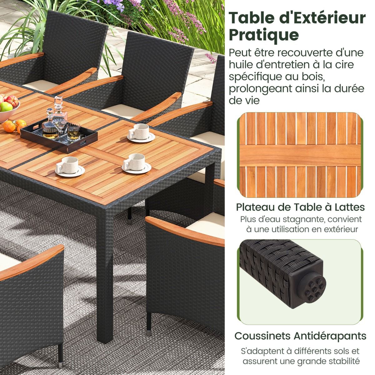 Salon de Jardin en Rotin 9 Pices Plateau de Table en Acacia Ensemble de Salle Manger avec Coussins Amovibles Trou Charge 180KG Beige+Noir -