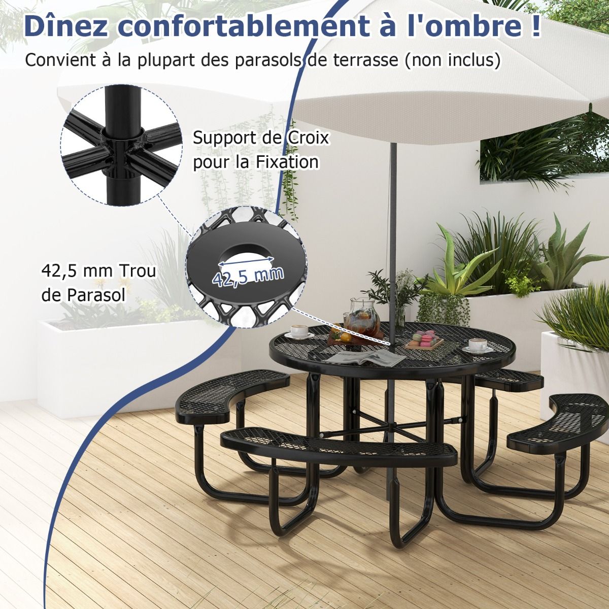 Table de Pique-Nique Ronde avec 4 Bancs Intégrés pour 8 Personnes Table de Camping en Métal avec Sièges et Trou pour Parasol 202x75cm Noir -