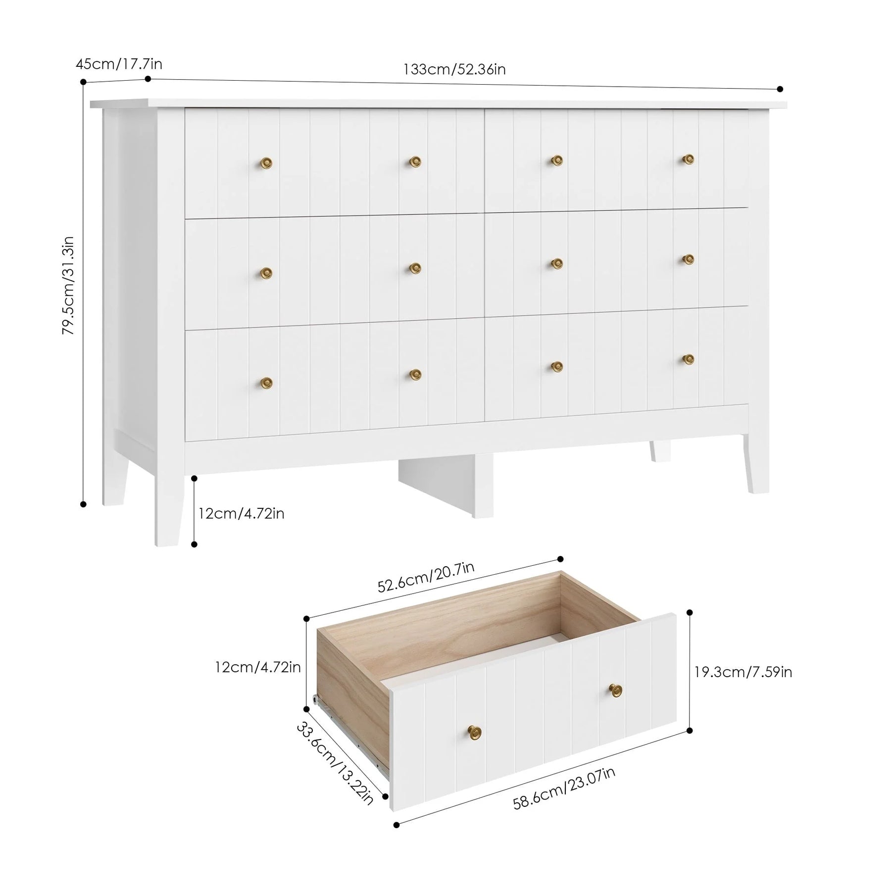 Homfa 6 Drawer Double White Dresser for Bedroom, Modern Wood Dresser Storage Cabinet for Living Room