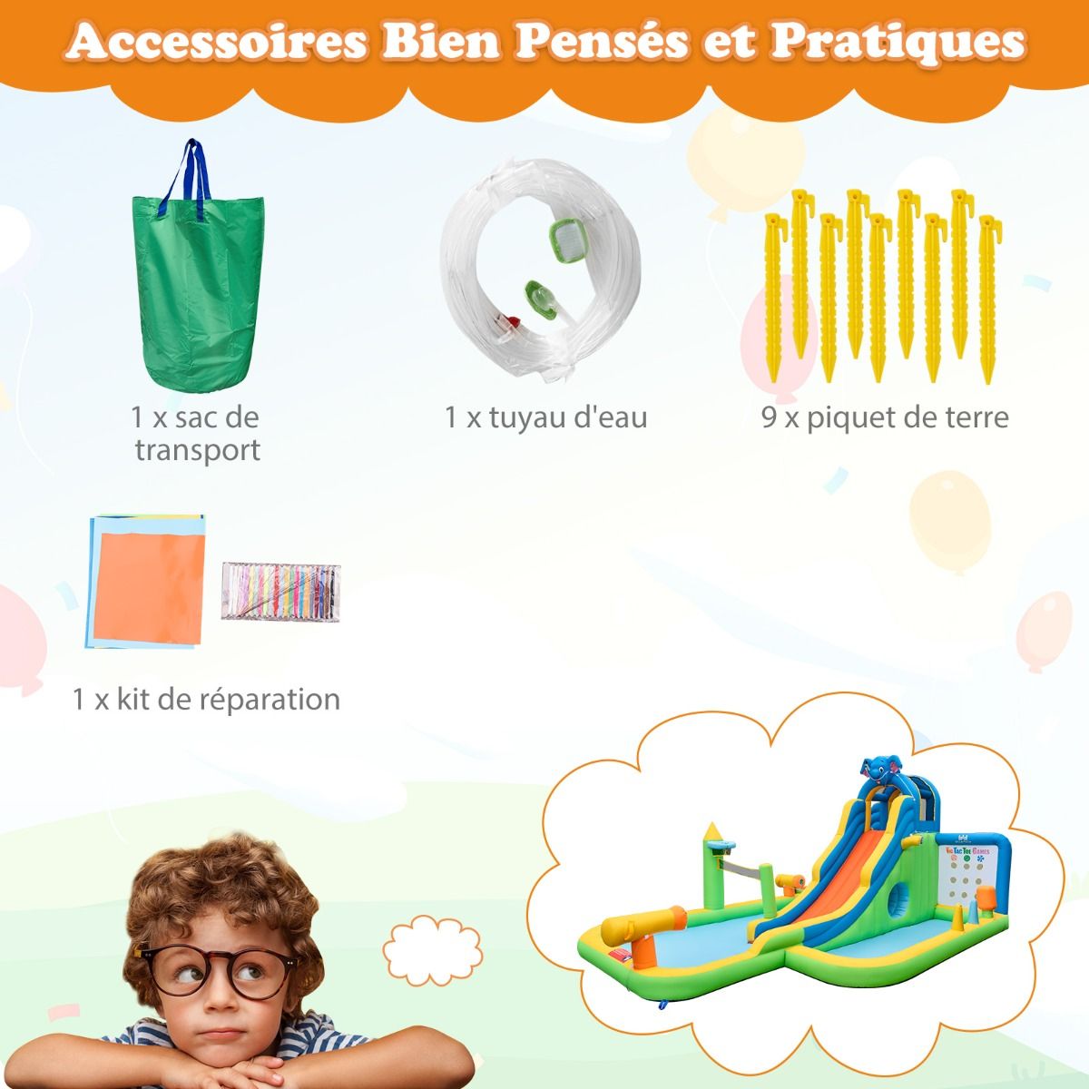 Toboggan Aquatique Gonflable Gant pour Enfants Piscine claboussures sures Mur D'escalade Canons Eau Lancer D'anneaux Cerceau (sans Souffleur) Multicolore -