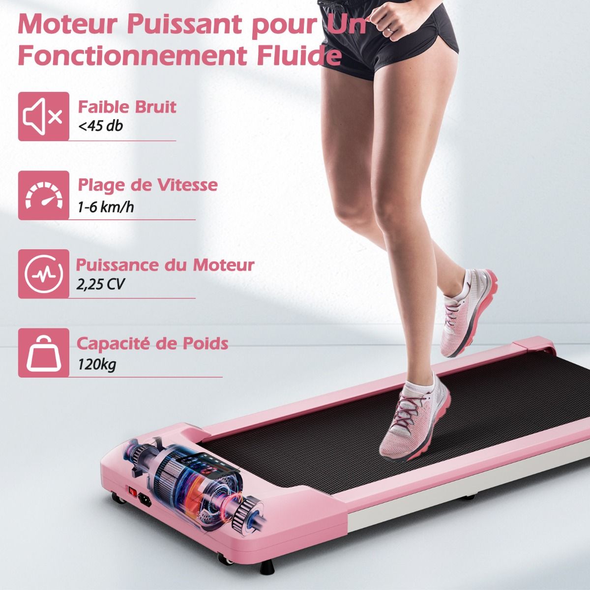 Tapis de Course Mince Tapis de Jogging avec Capacit de 120 Kg Tlcommande et cran Led Inclinable Roulettes Tapis de Course Glisser Gris/Noir/Rose -