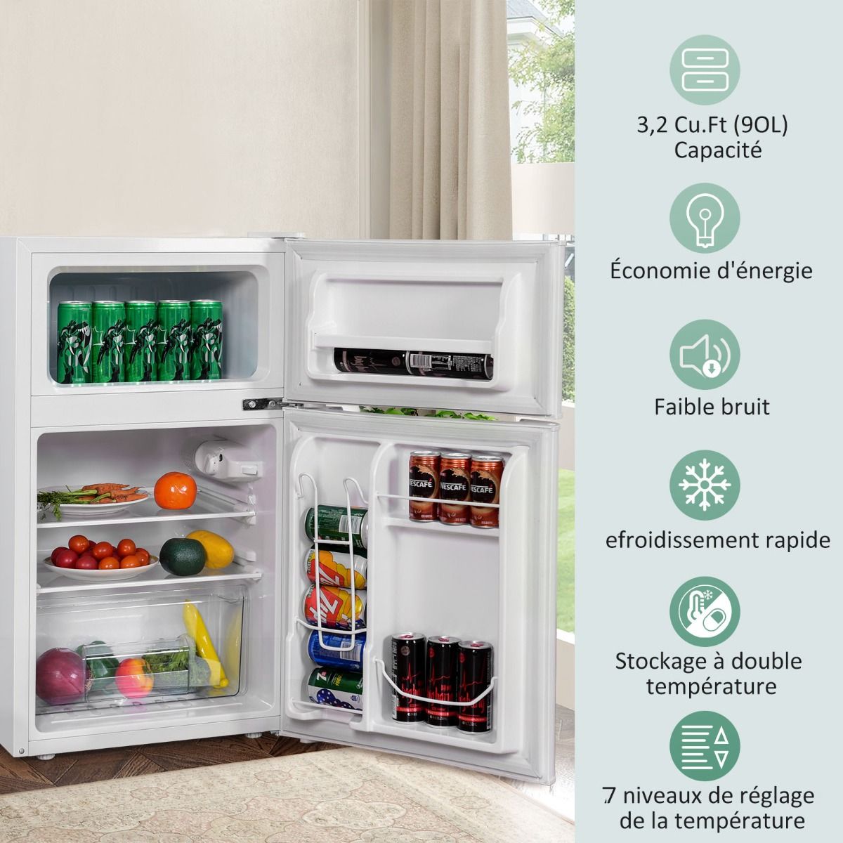 Rfrigrateur Compact Mini-rfrigrateur 90 L Conglateur Spar avec Design 2 Portes Lumire LED Grand Angle Blanc -