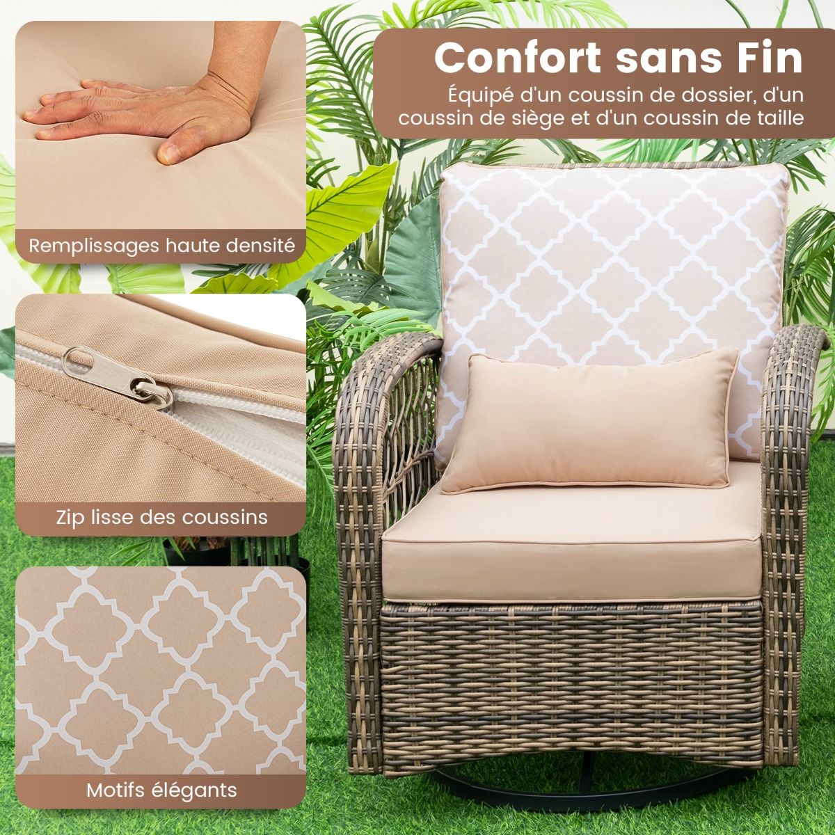 Salon de Jardin Extrieur 3PCS - 2 en Fauteuils Bascule Pivotant 360掳Rotin PE Cadre Mtal our Terrasse Balcon -