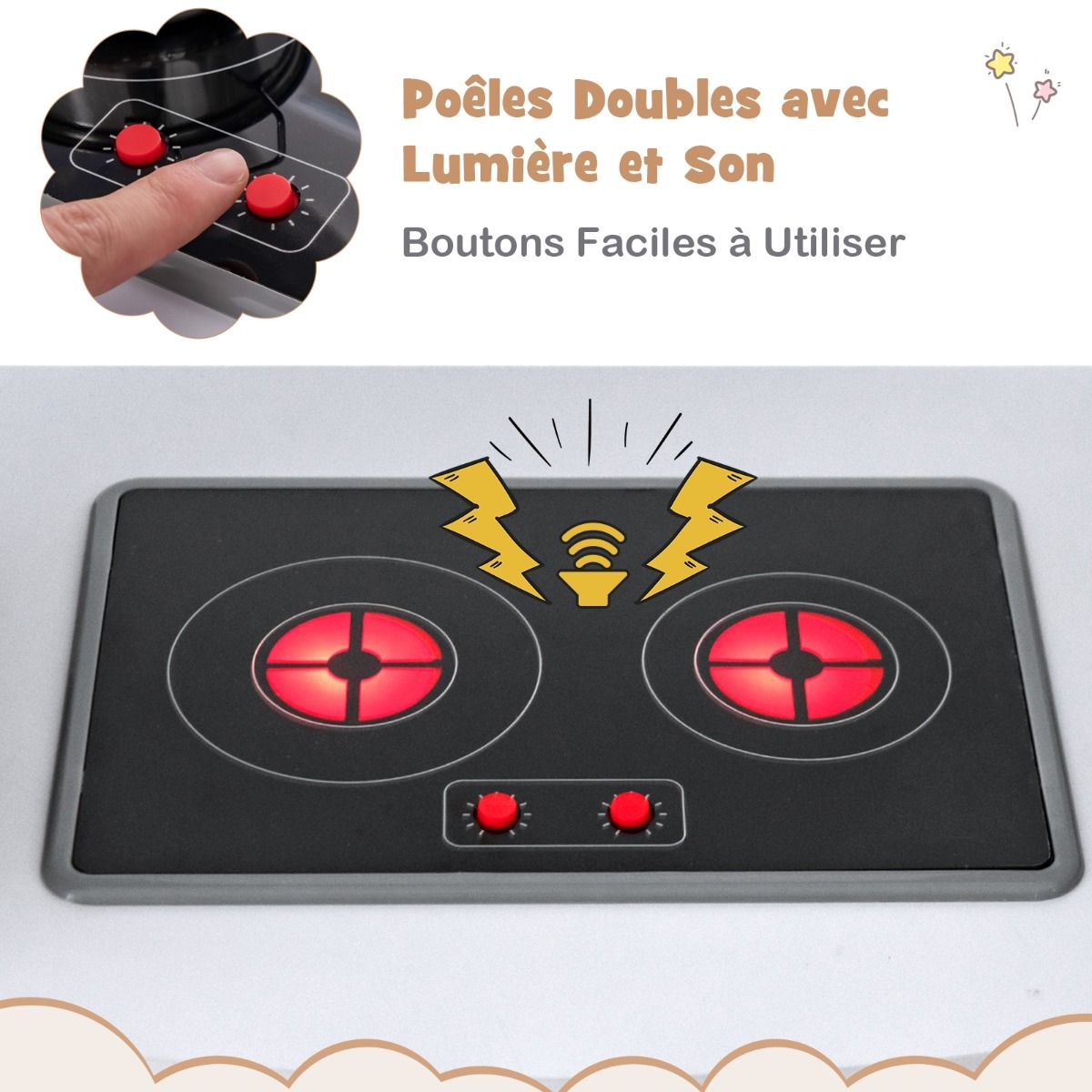 Jeu de Cuisine d'Angle pour Enfants de 3 Ans et Plus en Bois Machine Glaons Porte-serviettes Accessoires Effets Sonores et Lumineux -