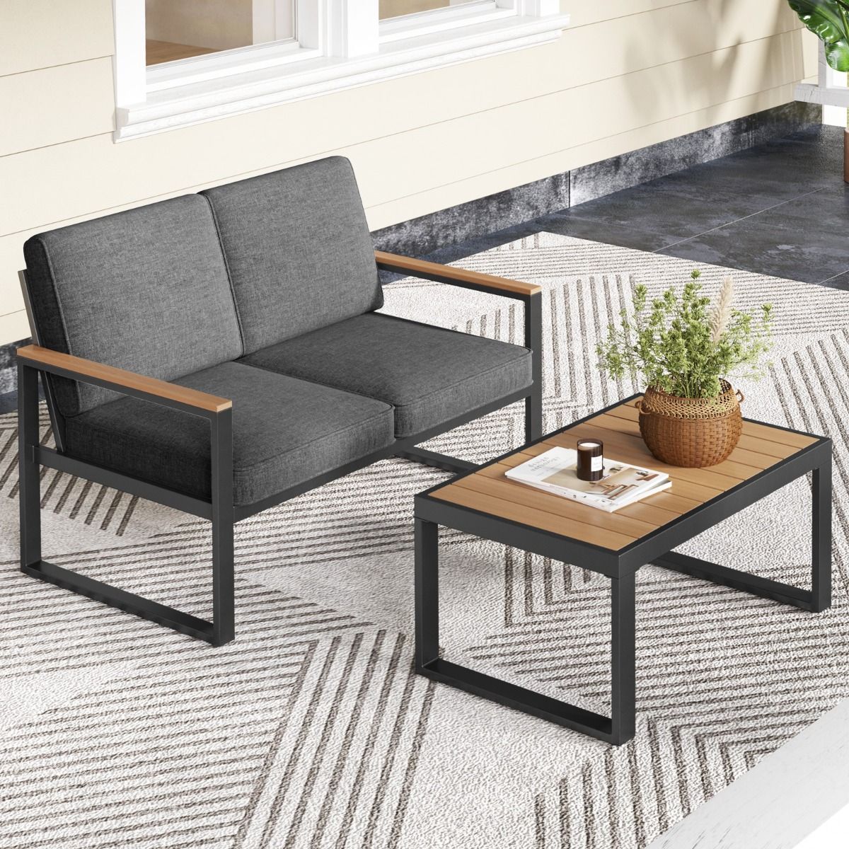 Salon de Jardin 2 Pièces avec Table Basse Causeuse Ensemble de Meubles d'Extérieur en Aluminium avec Accoudoirs Gris -