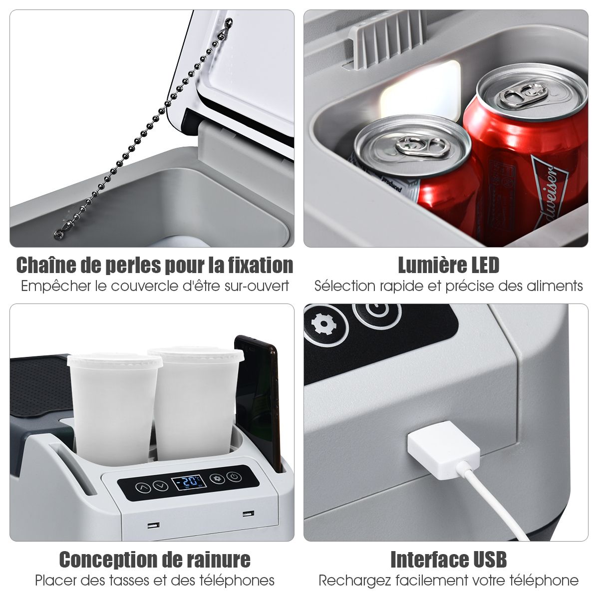 Rfrigrateur Conglateur de Voiture 12L Portable Compresseur -20掳C +10掳C Ampoules LED 2 Porte-gobelets 23x53x36cm -
