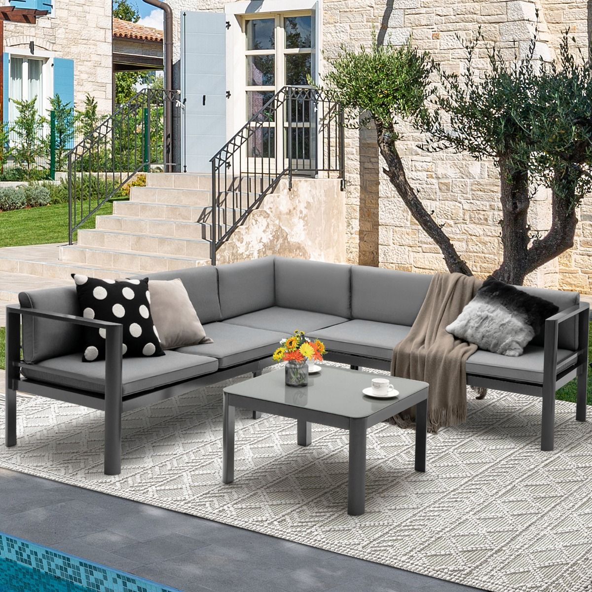 Salon de Jardin Extrieur avec Table Basse en Verre Tremp Canapavec Dossier Inclinable 6 Niveaux Coussins Inclus Gris -