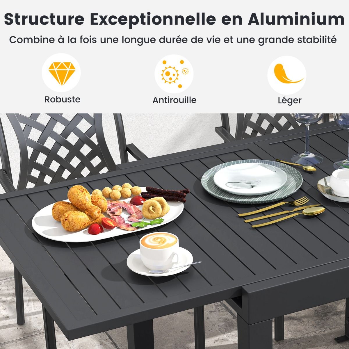 Table de Jardin Extensible en Aluminium Ajustable de 80 160 CM Table Manger Extrieure Plateau Lattes pour 4-6 Personnes Gris Fonc -