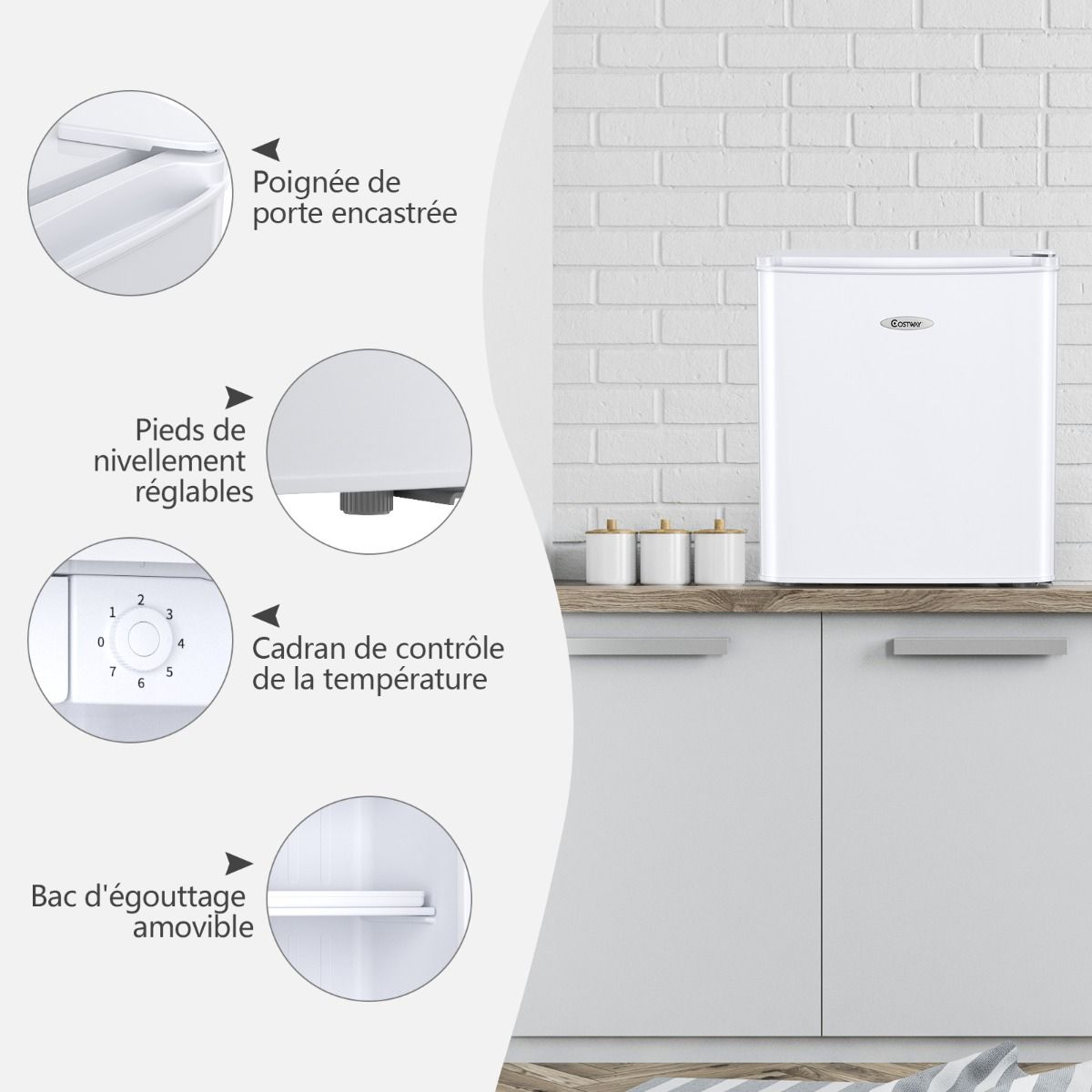 Mini Rfrigrateur 48L,2 niveaux et porte-bouteille,bac lgumes,Silencieux 230V,46 x 44 x 49 cm,Blanc -