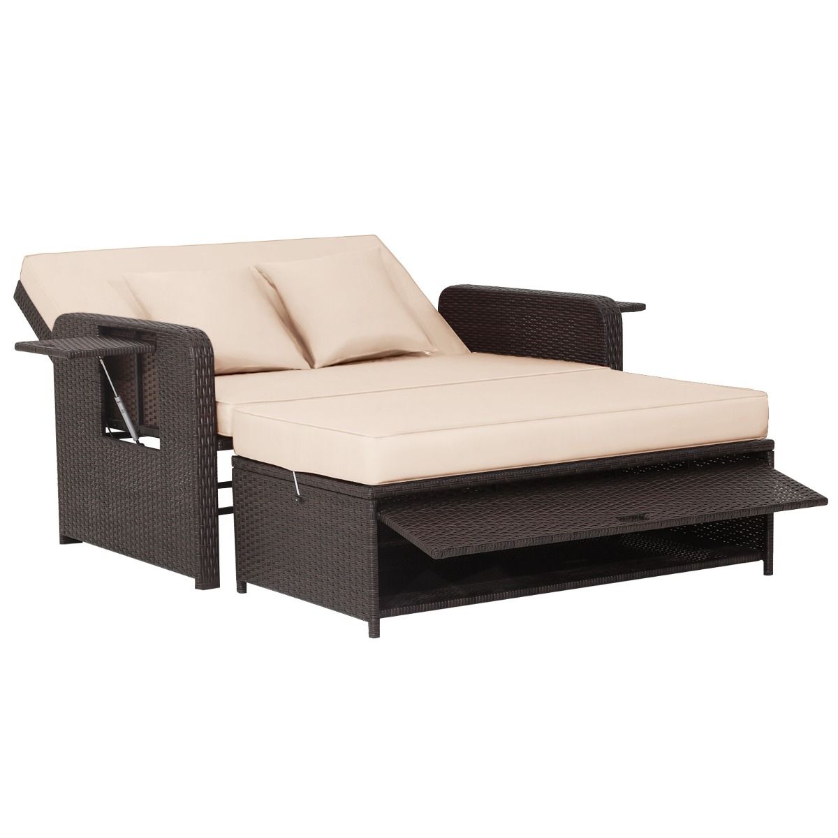 Salon de Jardin Extrieur Ajustable Lit,2 Place avec Stockage Cach,Dossier Rglable 4 Niveaux en Rotin PE -
