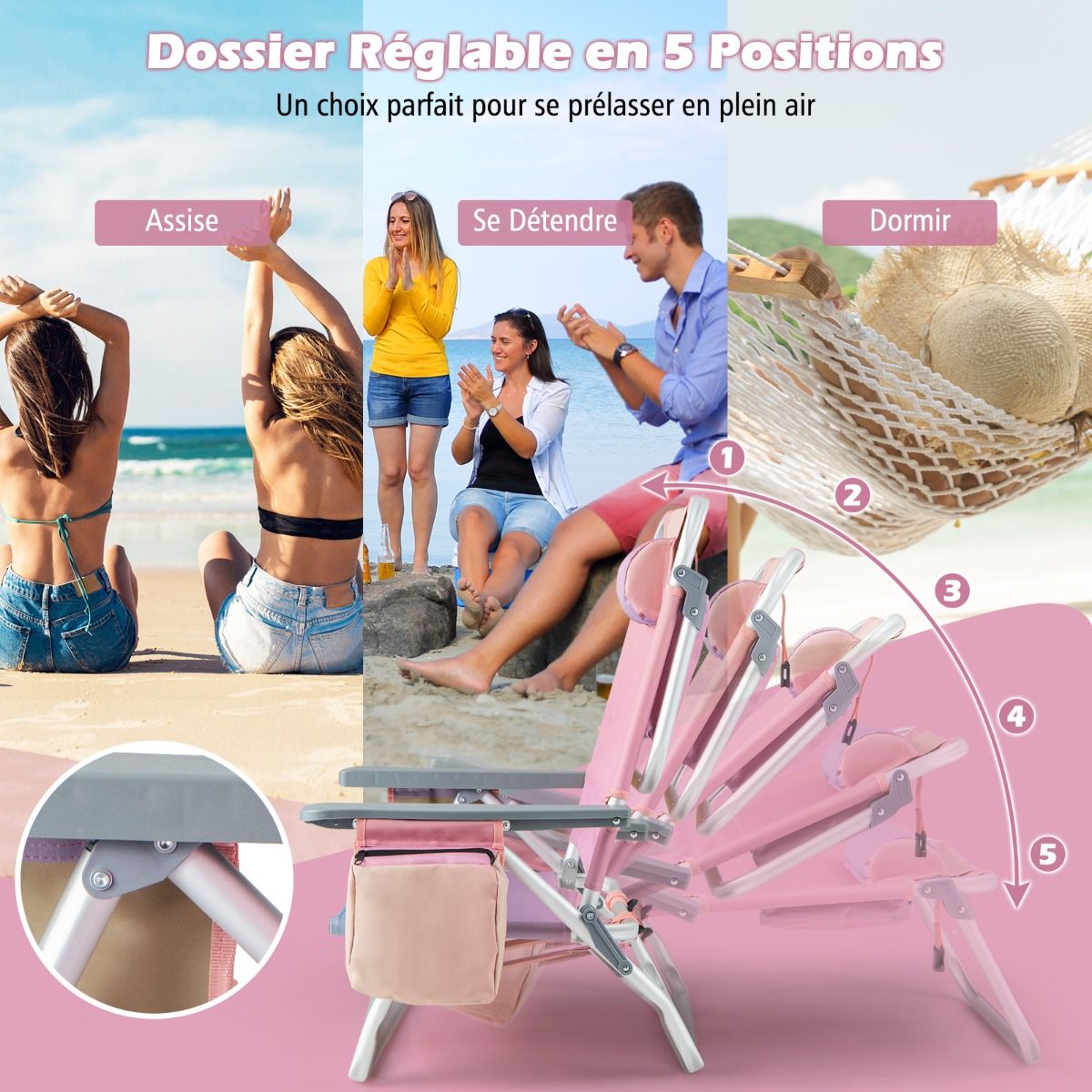 Lot de 2 Chaises de Camping Plage Pliante Table Enroulable en Aluminium Appui-tête Dossier Réglable à 5 Positions 6 Couleurs au Choix -