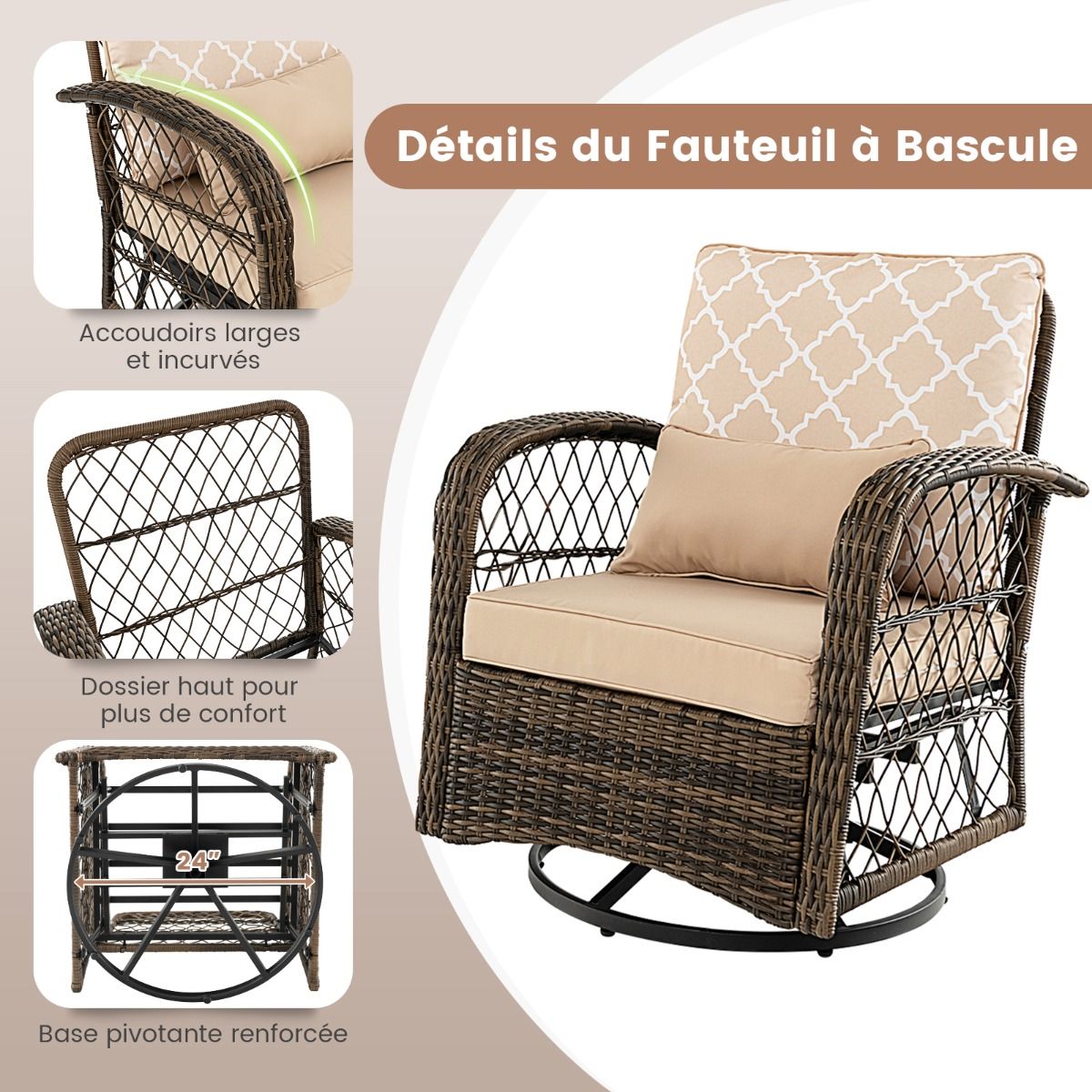 Salon de Jardin Extrieur 3PCS - 2 en Fauteuils Bascule Pivotant 360掳Rotin PE Cadre Mtal our Terrasse Balcon -