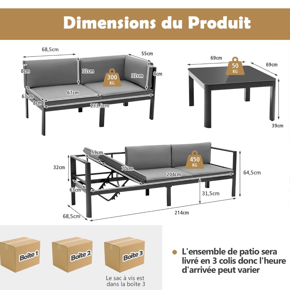 Salon de Jardin Extrieur avec Table Basse en Verre Tremp Canapavec Dossier Inclinable 6 Niveaux Coussins Inclus Gris -