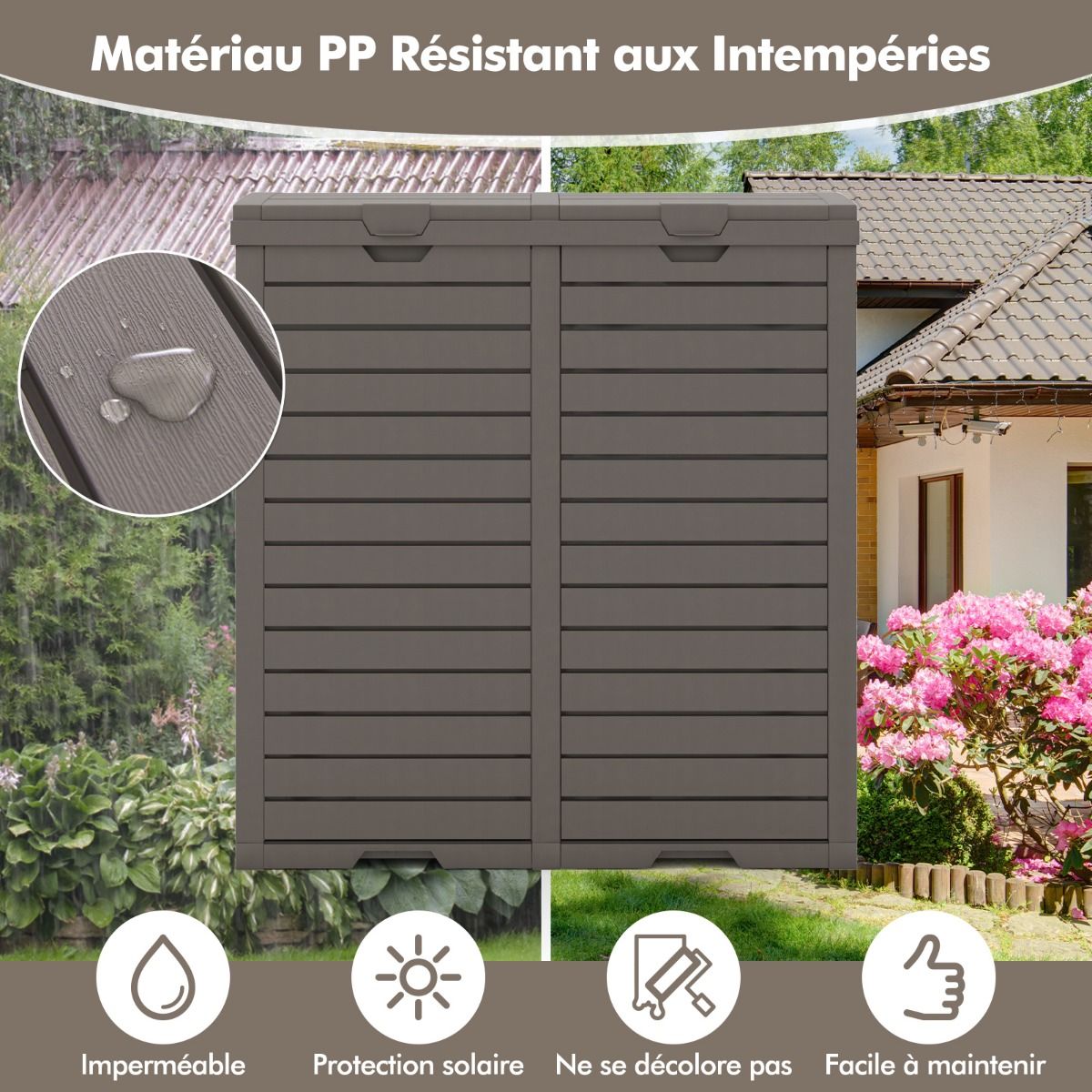 Poubelle d'Extrieur 135 L Poubelle Etanche Double Seau Couvercle Plusieurs Niveaux Bac d'Egouttage Poigne Dcoupe Poubelle Marron -