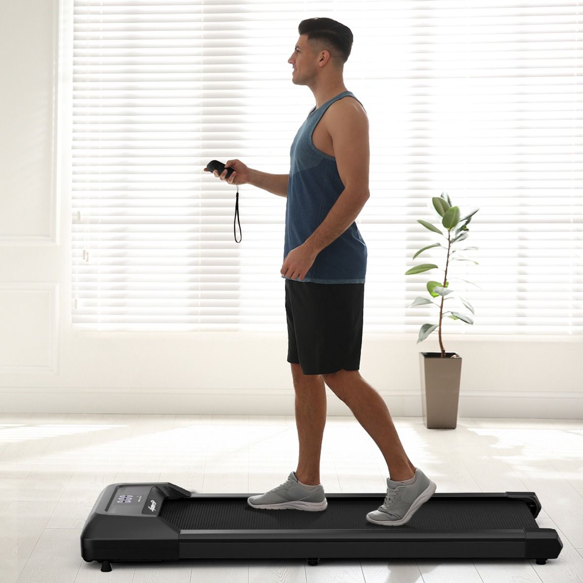 Tapis de Course Mince Tapis de Jogging avec Capacit de 120 Kg Tlcommande et cran Led Inclinable Roulettes Tapis de Course Glisser Gris/Noir/Rose -