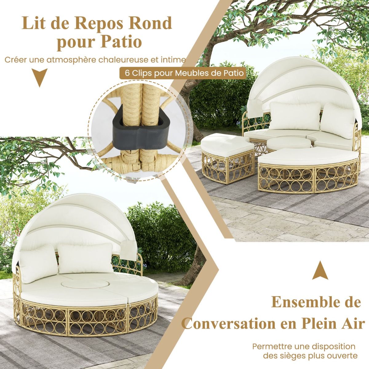 Lit de Repos Rond pour Patio avec Auvent Rtractable Ensemble de Sige Sectionnels Spars en Rotin PE avec Coussins Doux Blanc -
