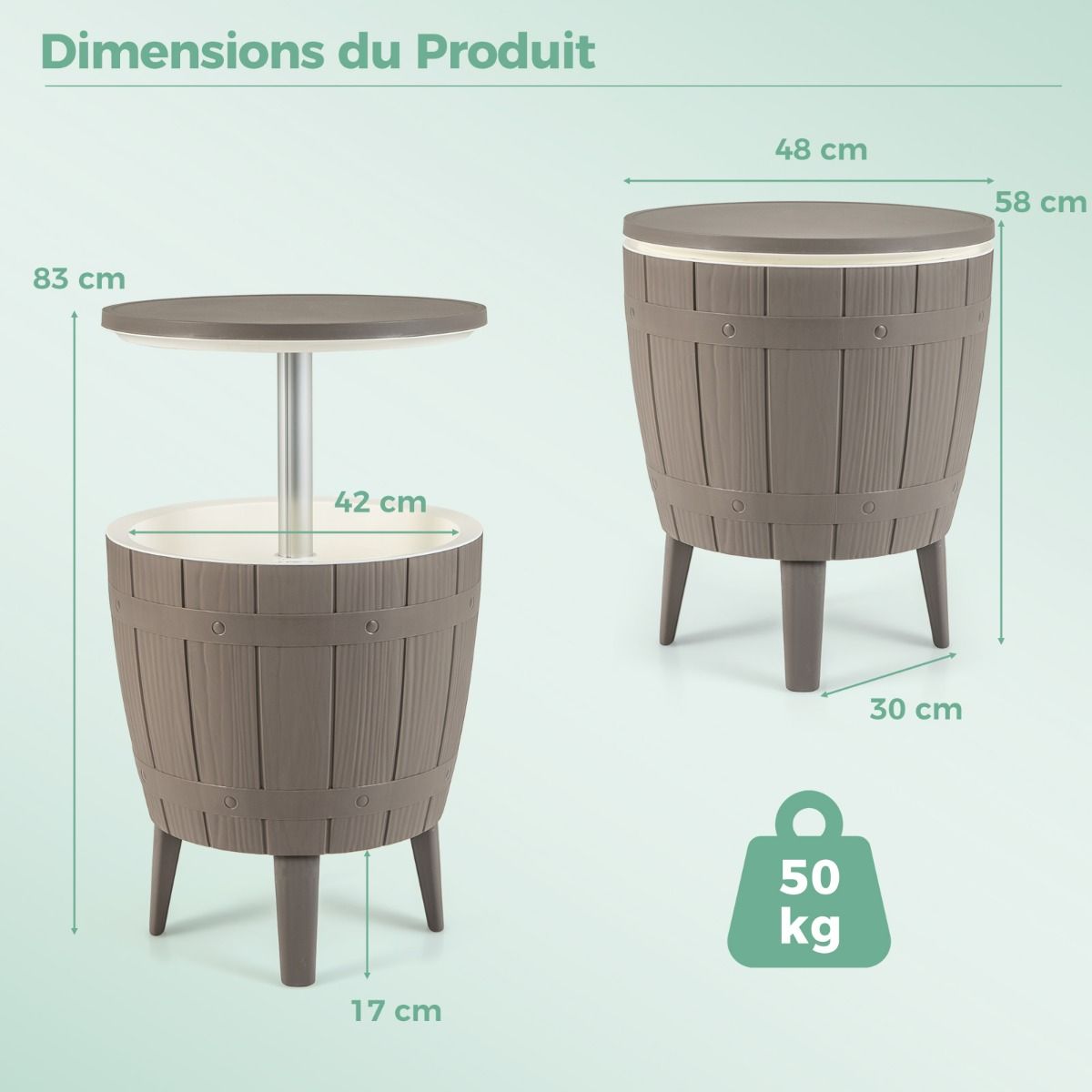 Table Glacire 37L pour Jardin 3 en 1 avec Plateau Tlescopique Seau Glace d'Extrieur pour Cocktails Bire 脴48x58/83cm Marron+Blanc -