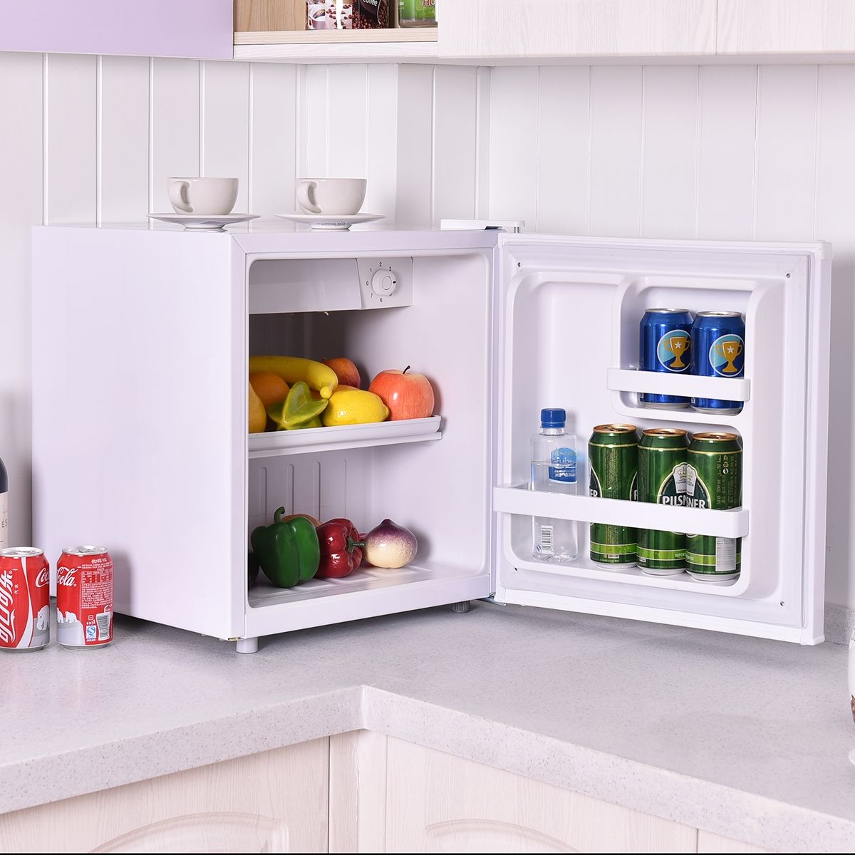 Mini Rfrigrateur 48L,2 niveaux et porte-bouteille,bac lgumes,Silencieux 230V,46 x 44 x 49 cm,Blanc -