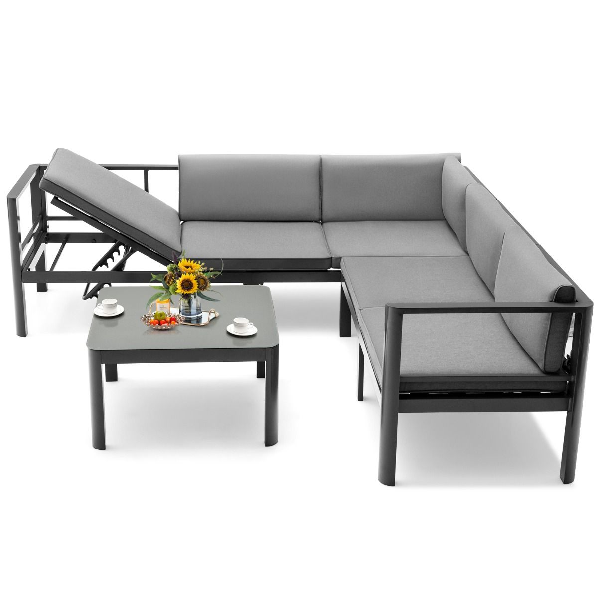 Salon de Jardin Extrieur avec Table Basse en Verre Tremp Canapavec Dossier Inclinable 6 Niveaux Coussins Inclus Gris -