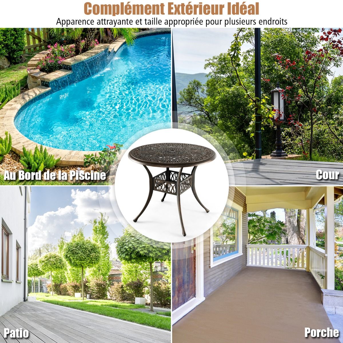Table Jardin Ronde en Aluminium coulé 90x90x74CM avec Trou pour Parasol 5CM Table Extérieure avec Pied Réglable Antidérapant -