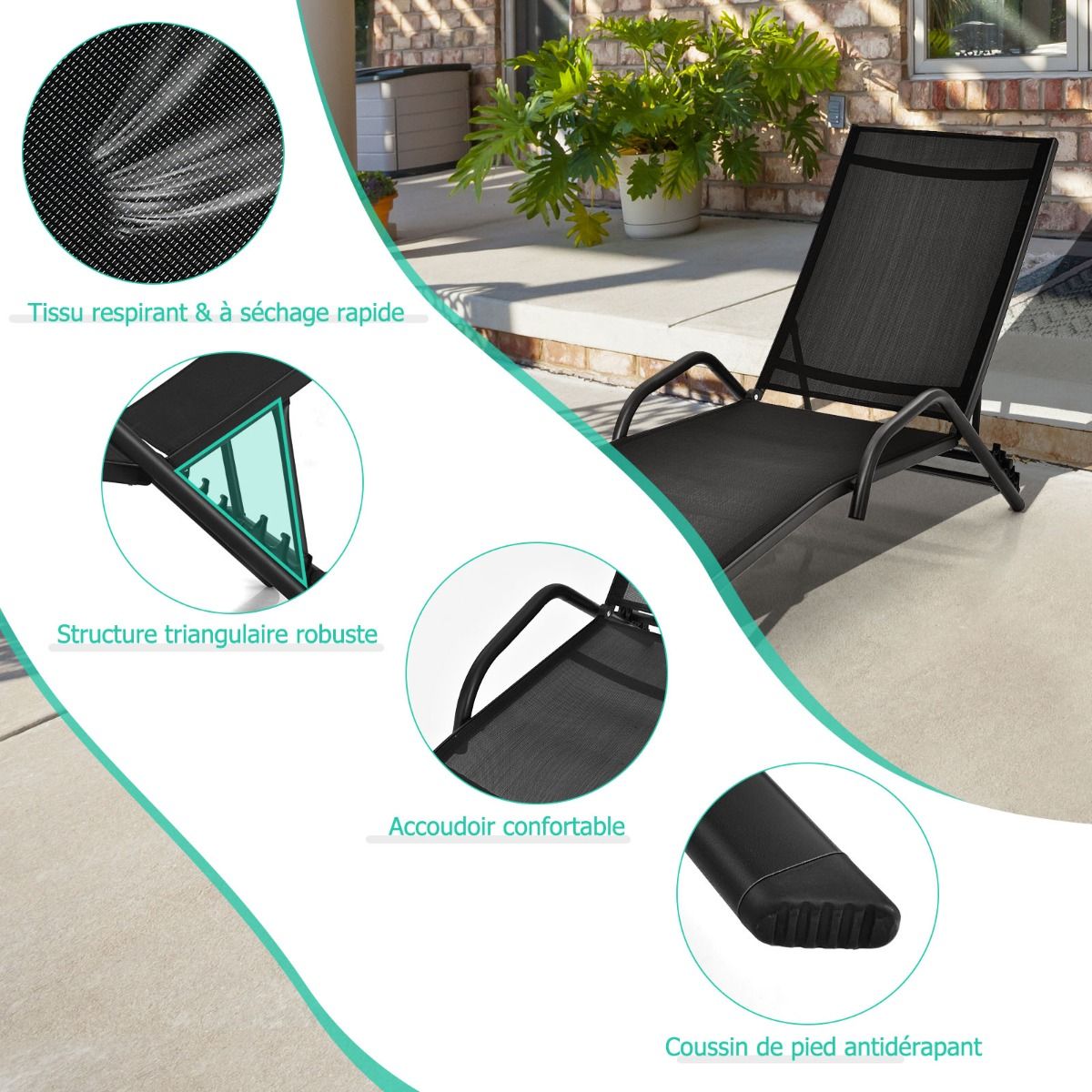Lot de 2 Bains de Soleil Inclinables d'Extrieur avec Accoudoirs et Dossier Rglable 5 Positions Charge 160 kg Noir -