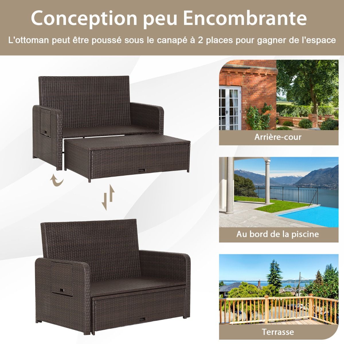 Salon de Jardin Extrieur Ajustable Lit,2 Place avec Stockage Cach,Dossier Rglable 4 Niveaux en Rotin PE -